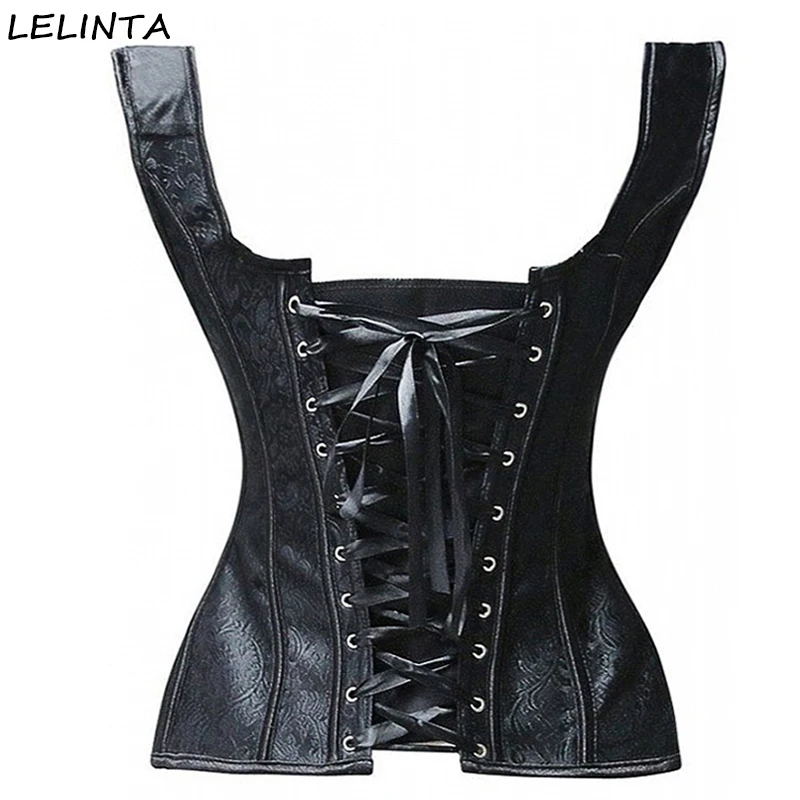 Ceny LELINTA damski czarny gorset waist trainer gorsety i gorsety kamizelka zasznurować bez kości push up Overbust szczupły pas wyszczuplający w talii gorset