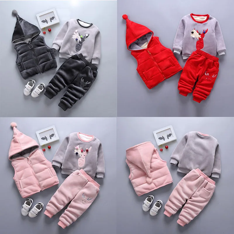 Зимние комплекты для малышей, комплекты одежды для мальчиков и девочек Теплый утепленный хлопковый свитер с рисунком+ жилет с капюшоном+ штаны, комплекты из 3 предметов детская одежда