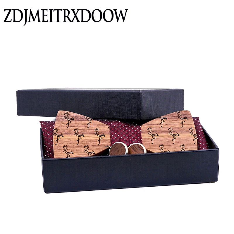  Wooden Bow Tie Set for Mens Wood Bowties Handkerchief Cufflinks helloween Set Gravatas Wedding flam