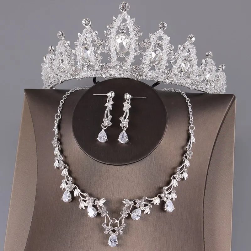 Diários de noiva Nupcial Flor Waterdrop Cor Prata Strass Noiva 3 pcs Set Colar Brincos Conjunto De Jóias de Casamento Da Tiara Da Coroa (13)