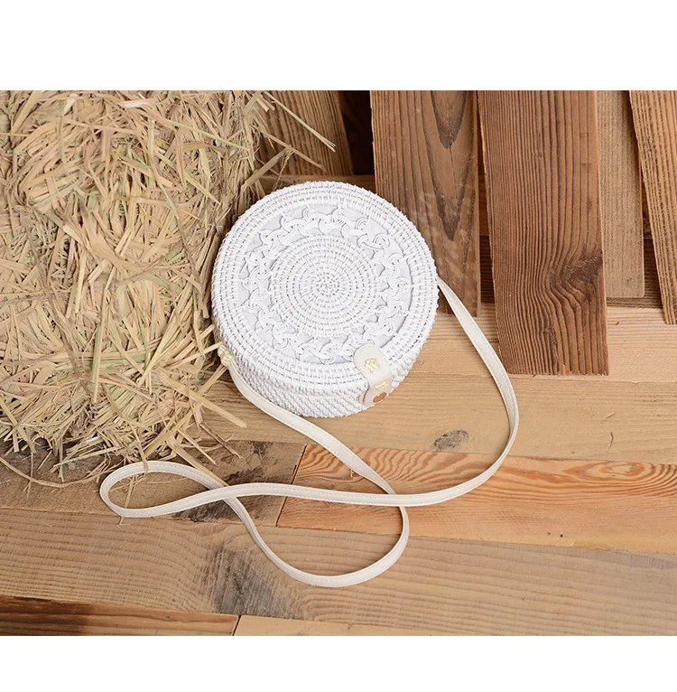 

2019 Hot New White Round Rattan Bags For Women Boho Beach Crossbody Bag Straw Handmade Woven Circle Shoulder Bag Female
