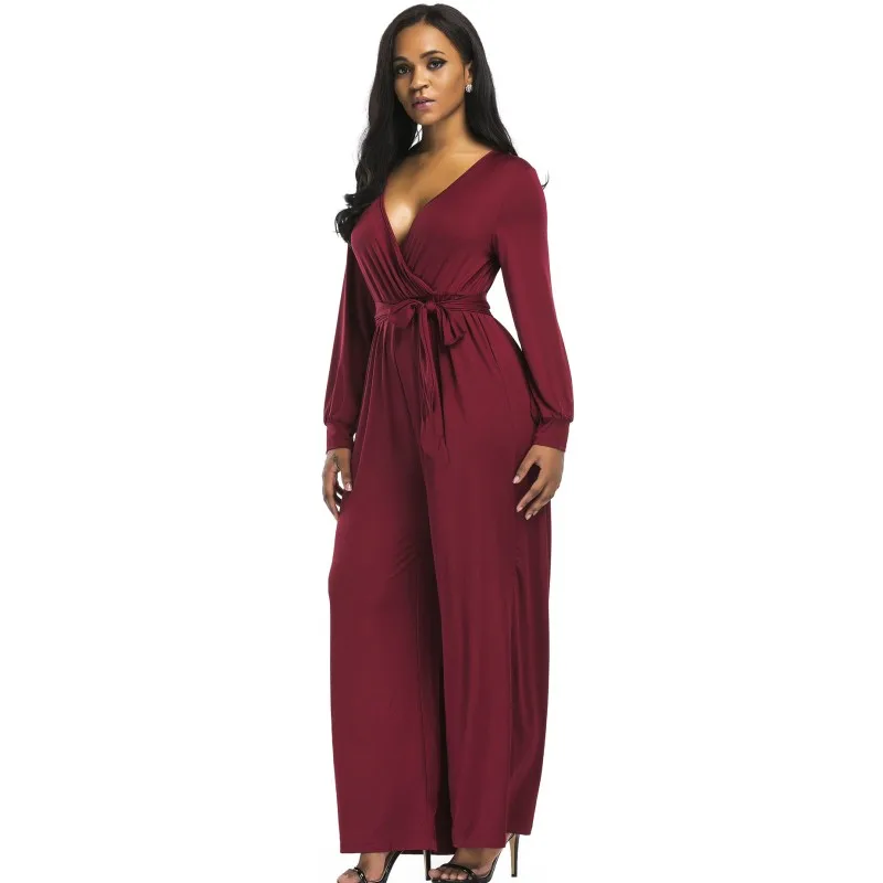 Deep V Neck Loose Casual Wide Leg Jumpsuit Long Women's
