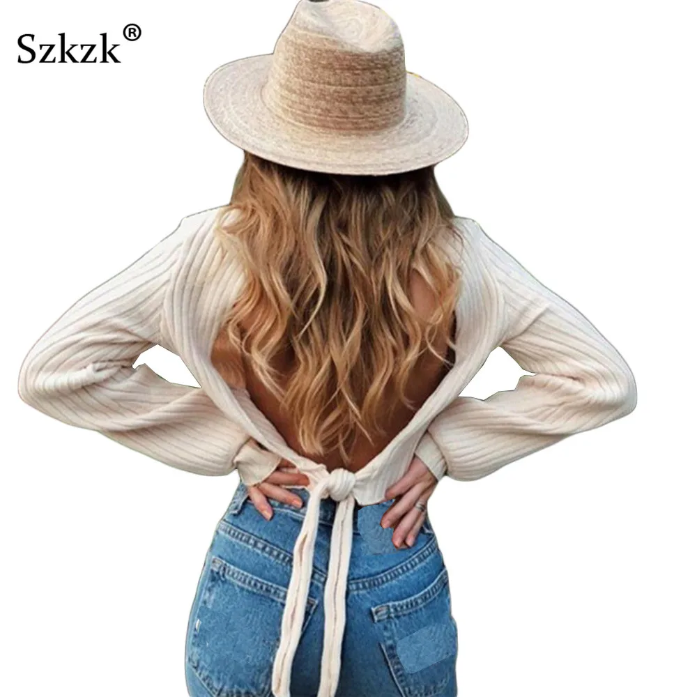 

Szkzk Sexy Short Tops Women Clothes 2019 Spring Fashion Backless Lace Up Bow Turtleneck Crop Top Casual Khaki Tank Tops Female