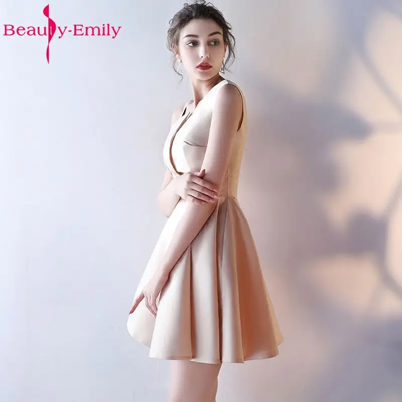Beauty Emily Champagne A-Line Sexy Short Evening Party Prom Dresses 2022 Girl Dresses Sleeveless Formal Occasion Evening Gowns silver prom dresses