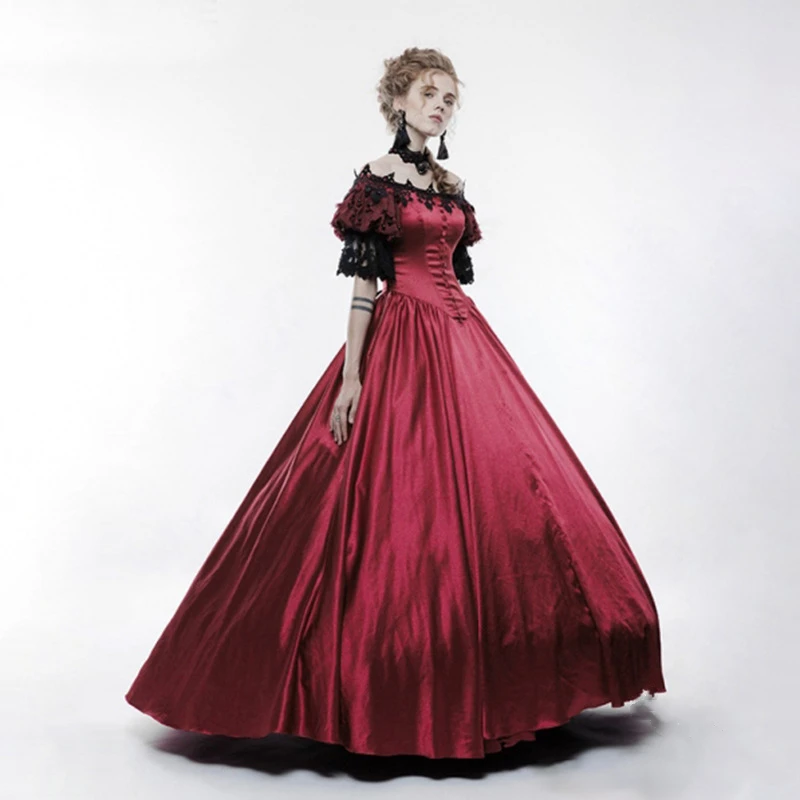 

Lugentoplo Women Vintage Medieval Court Dress Solid Open Shoulder Puff Sleeve Cosplay Lace Swing Strapless Shoulder Dress