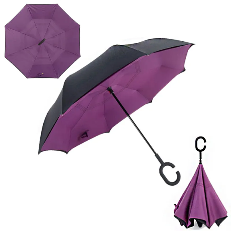 Перевернутый обратный складной зонтик фиолетовый Unbrellas ткань двойной слой ветрозащитный непромокаемый УФ Защита Длинные ручки Зонты