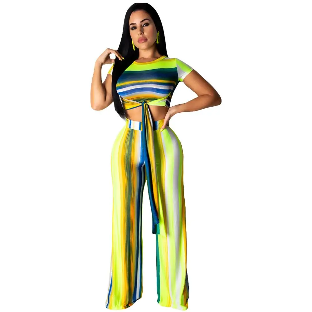 

Adogirl colorful stripe women two pieces sets short sleeve crop tops wide leg long pants tie-dye printing summer suits with sash