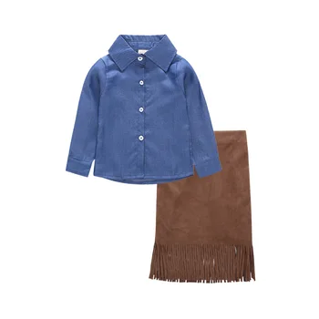 

baby girl clothes 2019 summer new little girl blue shirt top + skirt tassel casual 2 piece suit 12M-5T