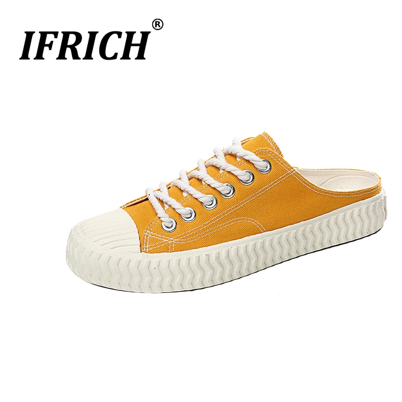 

Ifrich Summer Men Casual Canvas Shoes Yellow Blue Men Half slippers Vulcanized Canvas Fashion Shoes Half Drag Young Canvas Shoes