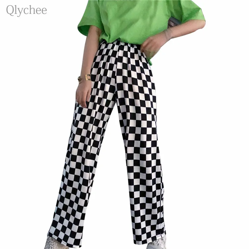 

Qlychee Plaid Women Pants Elastic Waist Pockets Wide Leg Pants Spring Autumn Loose Casual Full Length Pants Female