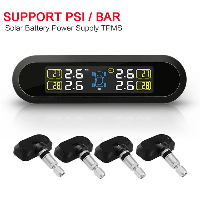 

Solar Power & USB Charge TPMS LCD Display Car Wireless Tire Tyre Pressure Monitoring System 4 External/ Internal Sensors