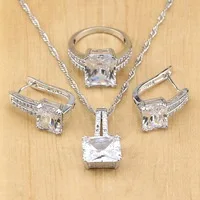 Натуральный 925 серебряные свадебные украшения Белый Циркон Ювелирные наборы для Для женщин свадебные серьги подвеска Цепочки и ожерелья кольца браслет