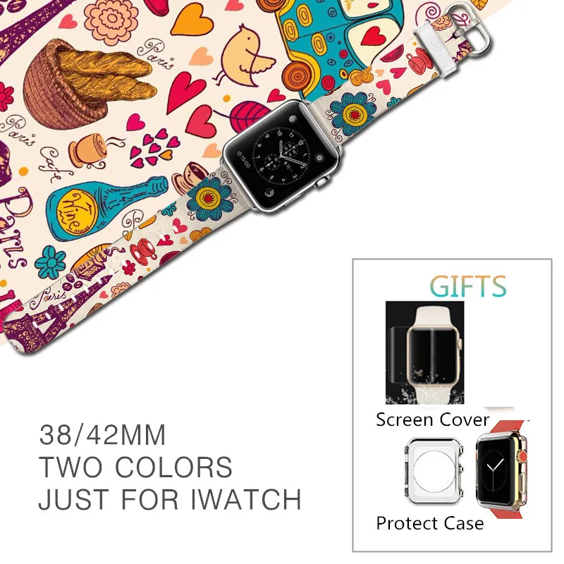 

Eiffel Tower Cartoon Calf Leather for 38MM 42MM Apple Watch For Iwatch Wrist Watchband Strap for Gear S3 Belt Stainless Clasp