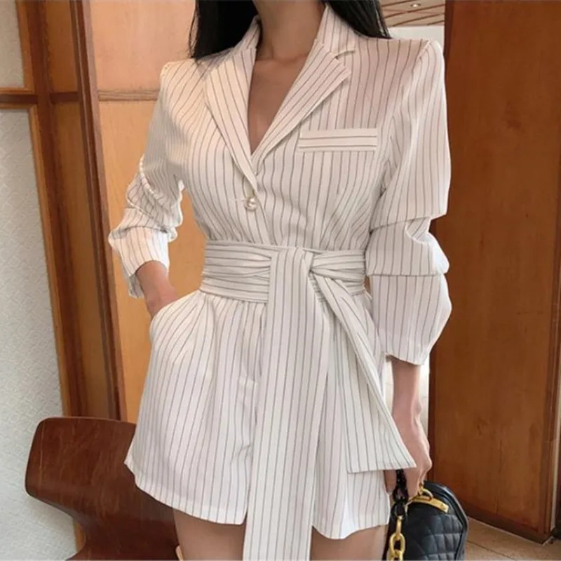 

HziriP 2019 New Elegant Striped Jumpsuit Women Romper Lace Up Office Ladies Overalls Notched Collar Long Sleeve Shorts Jumpsuit