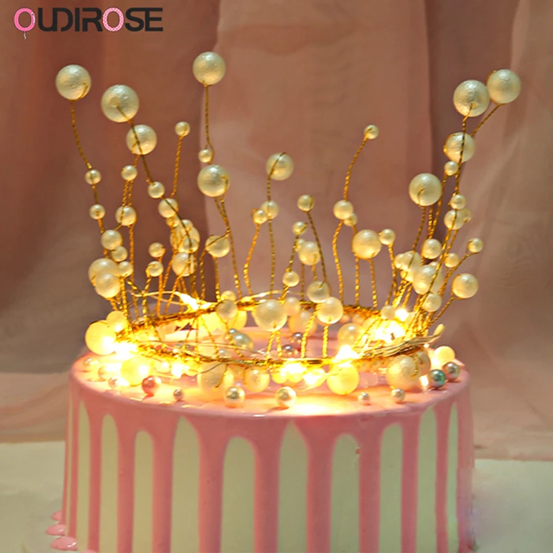 

LED Glitter Pearl Crown Cake Topper Teenage Princess Party Top Topper Happy Birthday Baby Shower Girl/Boy Gift Wedding Supplies