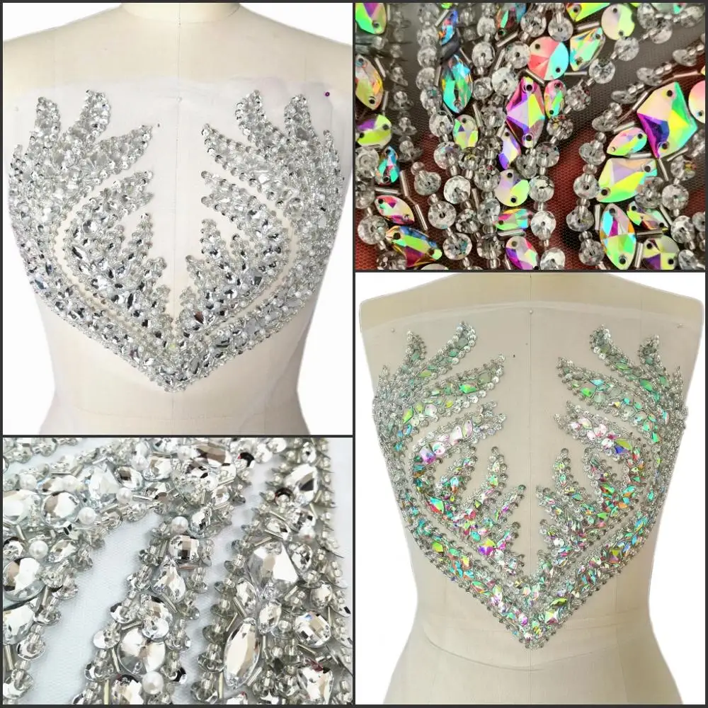 

SILVER Manual Hand Beaded Haut Sew on Rhinestones Crystals AB Patches Appliques Designer For Sewing Wedding Dress Costumes Decor