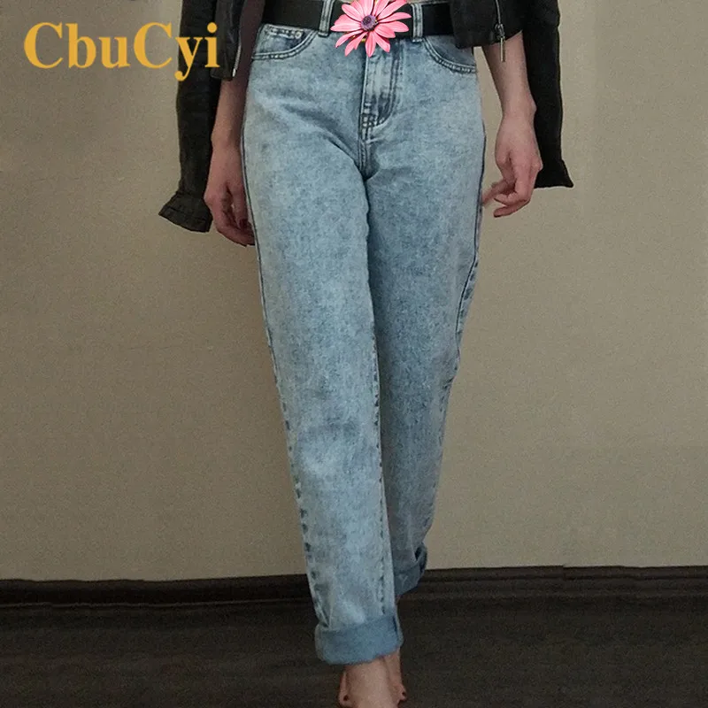 

CbuCyi Ladies Long Jeans High Waist Snow Wash Cotton Boyfriend Jeans Pants Women Vintage Loose Straight Denim Pants Trousers