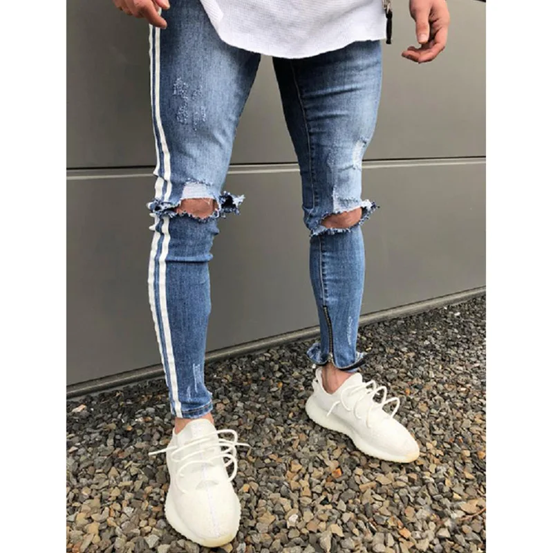 Мужские облегающие джинсы с дырками по колено в стиле хип-хоп модные джинсовые брюки в белую полоску с потертостями и потертостями - Color: BE