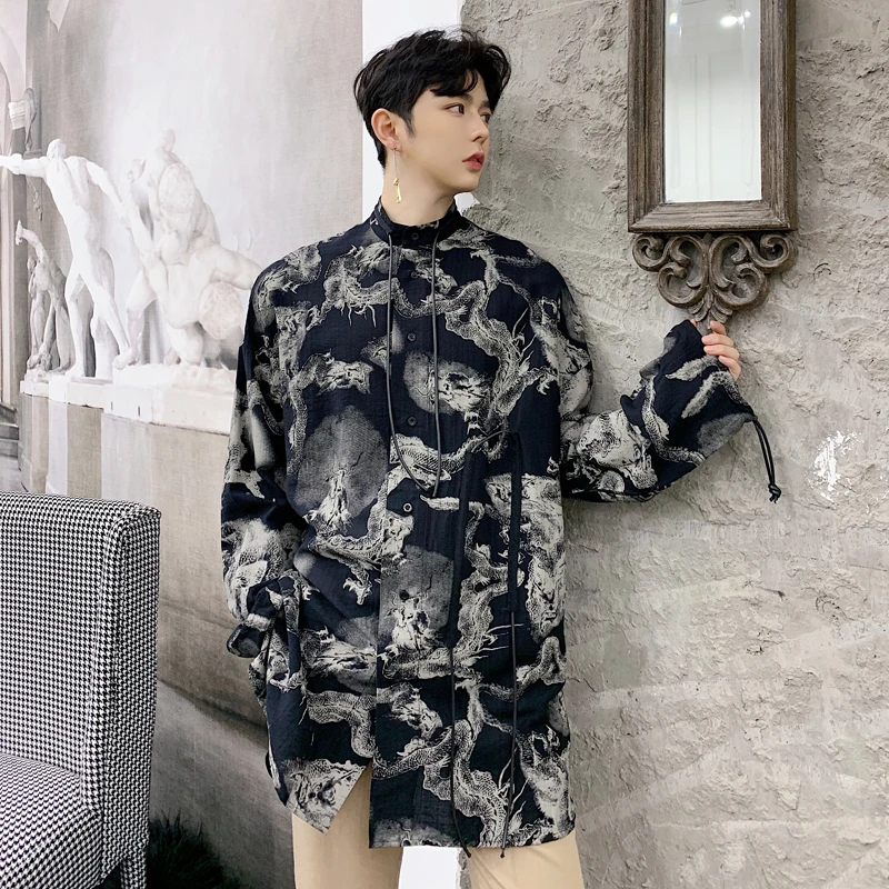 

2019 New Men Vintage Pattern Print Fashion Casual Long Sleeve Shirts Oversized Male Stand Collar Long Dress Shirts