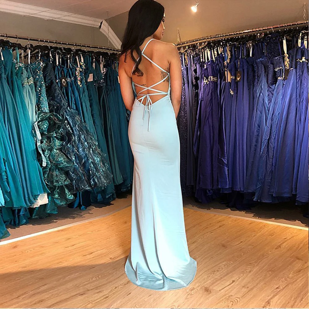 

Bbonlinedress Hot Sale Mermaid Long Dress Prom 2019 Sexy Backless Lace-Up Prom Dress Light Blue Evening Dress with Split