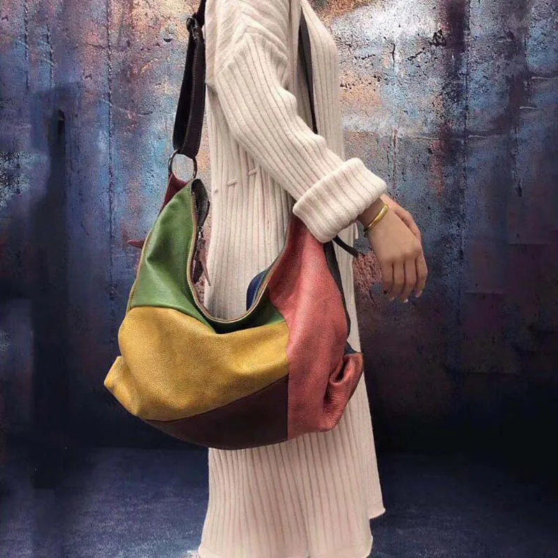 

Vintage Quality Leather Patchwork Shoulder Bag for Woman Female Brush Long Strap Messenger Bags Large Criss-Cross Lady Hobos Bag