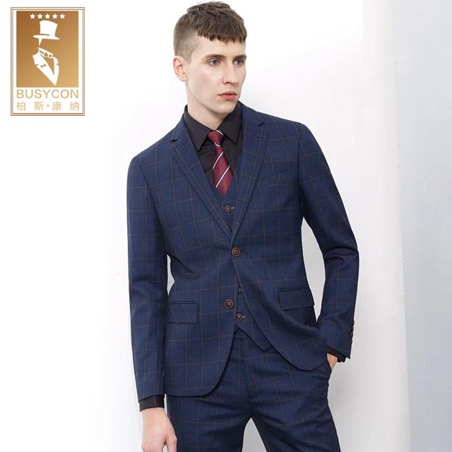 Navy Blue Mens Plaid Suits Wedding Groom Latest Coat Pant