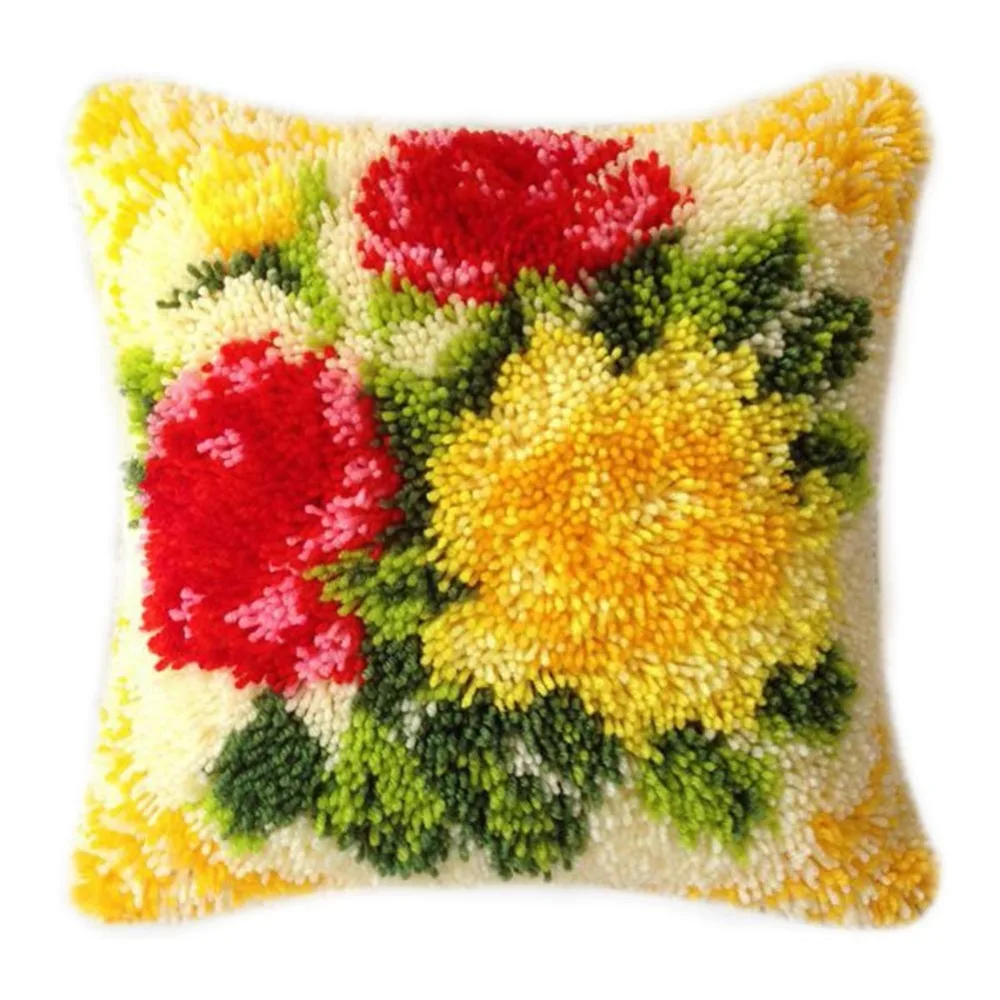 

DIY Latch Hook Rug Kits Pillowcase Crocheting Cushion Carpet Cover Mat Cartoon Flower Sewing Needlework for Adults Kids Gift D1
