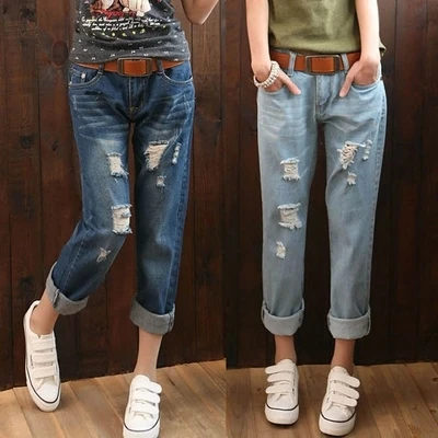 Большие размеры женские толстые мм талия джинсы восьмая джинсы Рваные женские бойфренд джинсы для женщин рваные джинсы для женщин