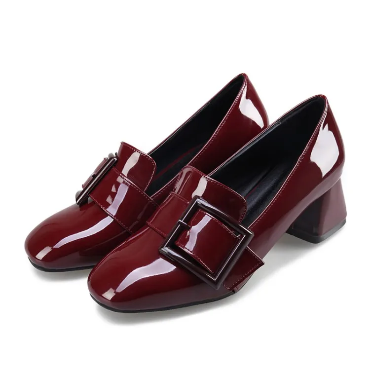 Women's Patent Leather Mid Heels Pumps Buckle Comfortable Shallow Square Toe Office Ladies Pumps Shoes CerdaChic Plus Size Women's Shoes
