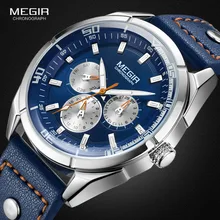 Megir Men's Fashion Leather Quartz Watches with Calendar Date Week 24-hour Luminous Wristwatch for Man Boys Blue 2072GBE-2 megir man s analogue chronograph quartz watch with stainless steel bracelete luminous wristwatch for boys calendar 24 hour 2064g