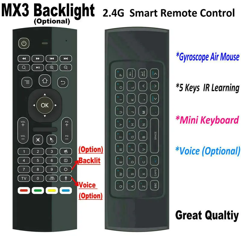 Calvas MX3-A MX3-M Voice Control Wireless Air Mouse Keyboard 2.4G RF Gyro Sensor Smart Remote Control For X96 H96 Android TV Box Color: EN W Mic No Backlit