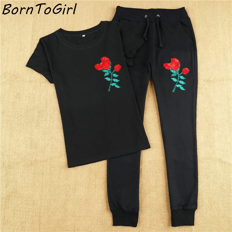 

BornToGirl Women Slim Clothing Sets Summer Cotton Polyester 2 Piece Set T-Shirt + Pant Women Embroidered T Shirt + Pants