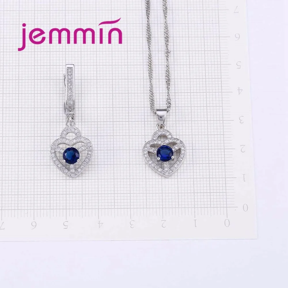 Jemmin Jewelry Sets For Brides Women Blue Crystal Sapphire Stone Pendant Wedding 925 Sterling Silver Color Earrings + Necklace - Image 4
