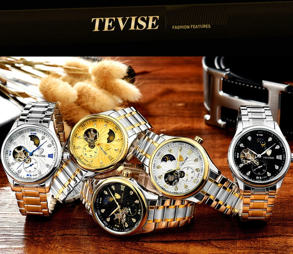 Брендовые часы, мужские роскошные часы TEVISE Tourbillon, автоматические механические часы, водонепроницаемые, с фазой Луны, стальные мужские наручные часы, мужские часы