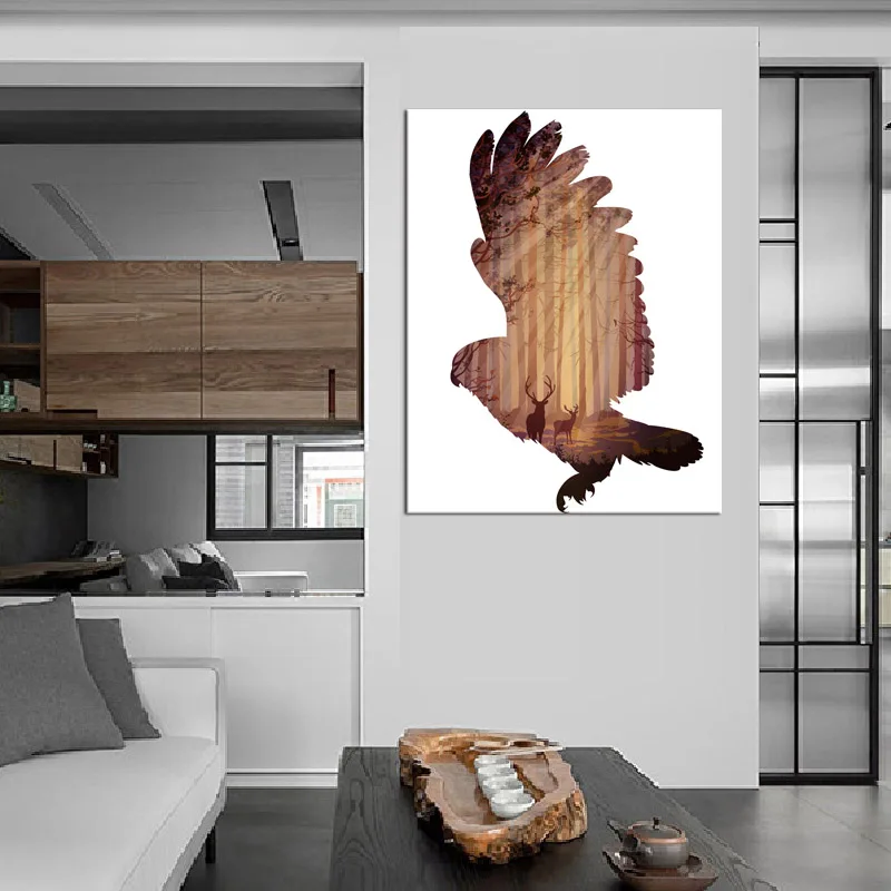 Орел с оленем холст печать живопись коричневый абстрактный силуэт животных Лес стены Искусство картина для гостиной Декор 1 шт
