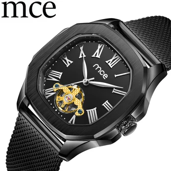 

Men's Watches Men Clock Relogio Masculino Automatic Mechanical Square Stainless Watches Skeleton Hollow MCE Man Tourbillon Watch
