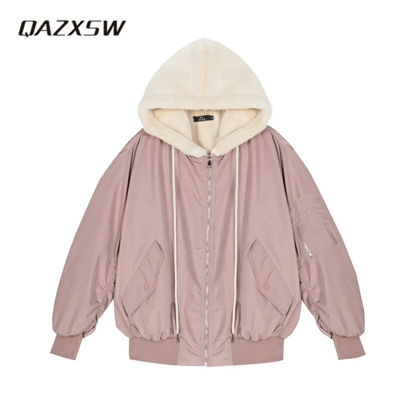2019 New Women's Winter Cotton Jacket Harajuku S Hooded Lamb Wool Pink Zipper Baseball Coat Pockets Chaqueta De Mujer AC121 | Женская