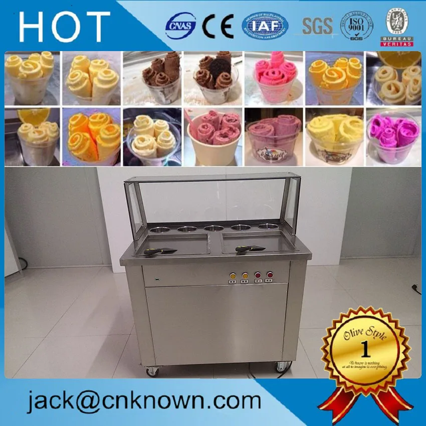 

CE Approved 60 kg portable mini square double pan roll fry ice cream machine with 5 topping fruits pans