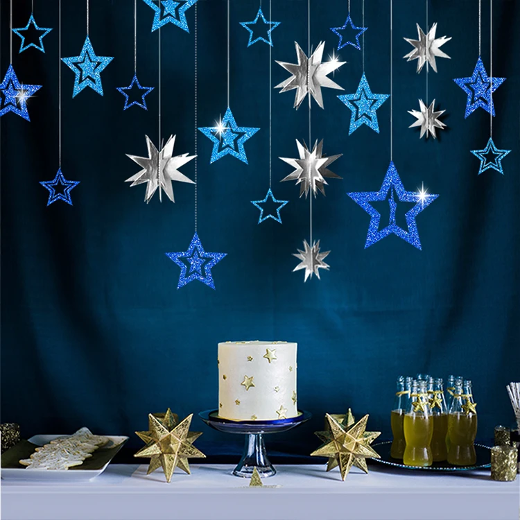 

Twinkle Blue Silver Star Paper Garland Wall Hollow Hanging for Wedding Decorations Kids Birthday Party Supplies Boy Baby Shower