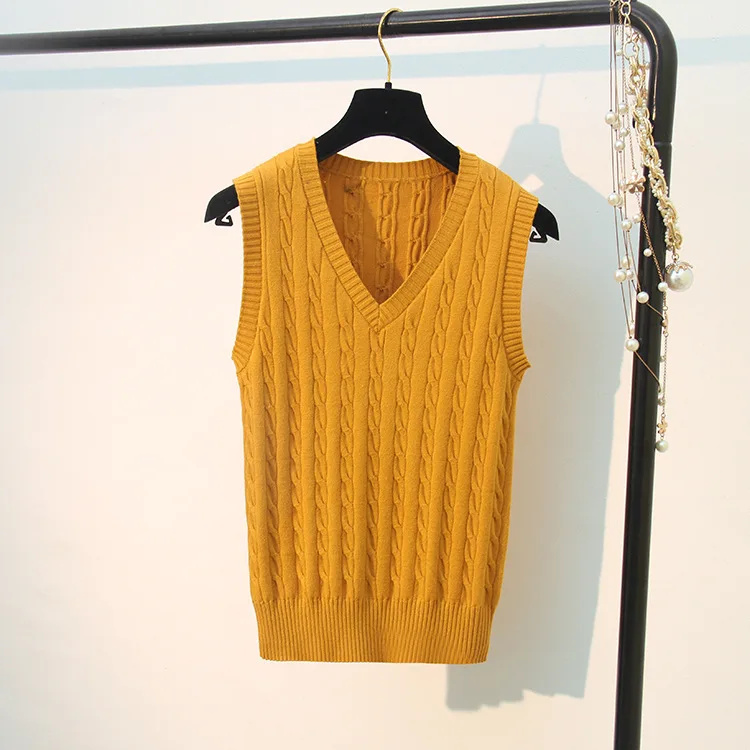 Korean Wool Sweater Vest Spring Autumn Women V-Neck Knitted Vest Female Casual Tank tops Tees Sleeveless Twist Knit Pullovers 