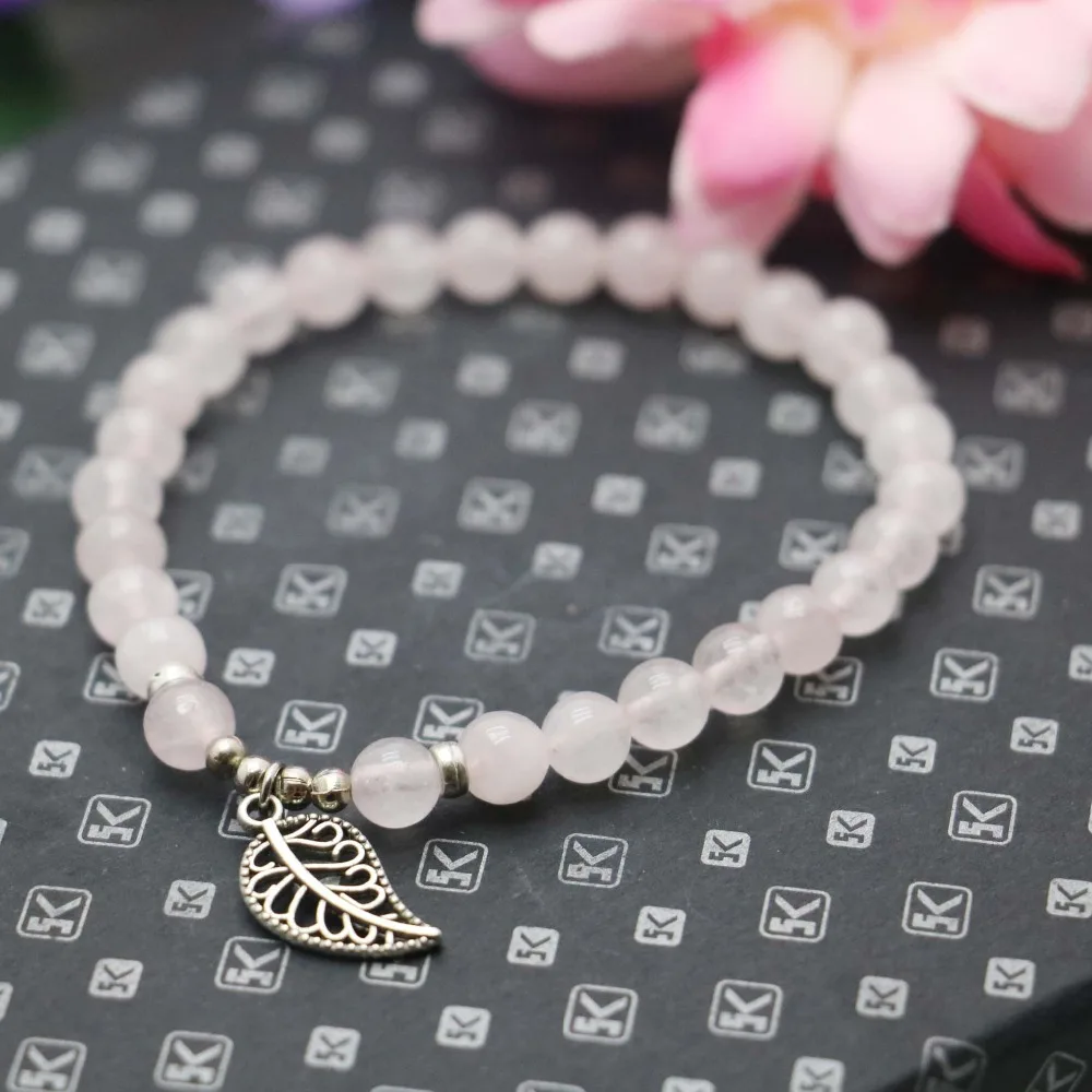 

6mm Natural stone Pink CryStal beads Opal Chalcedony Bracelet hand chain for women girls Pendant Lucky Leaf Jewelry Design