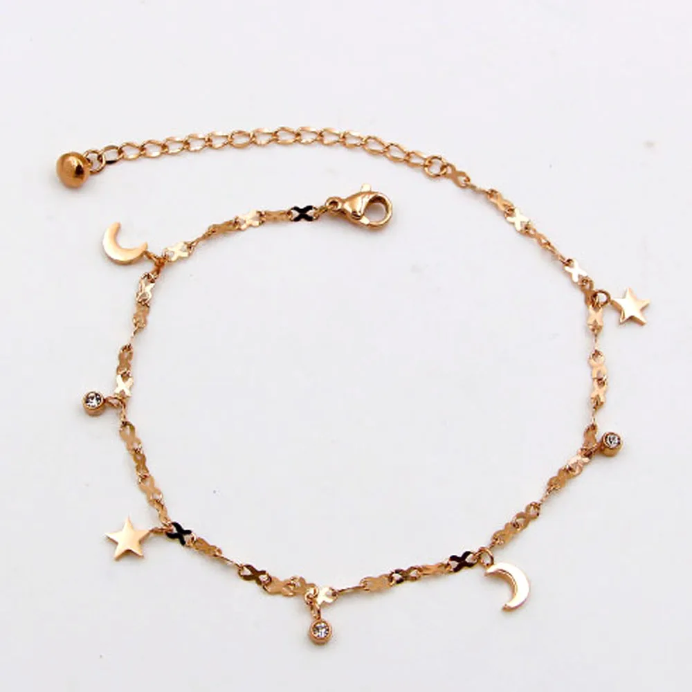 

New women Fashion Jewelry Anklets Stainless Steel Moon stars with rhinestones bracelet Foot Chain length 20+5cm