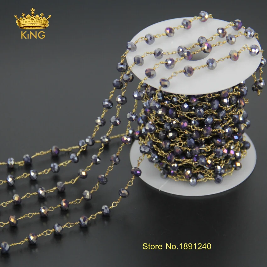 

Mystic Titanium Blue Glass Rosary Style,Plated Bronze Gold Wire Wrapped Faceted Rondelle Beads Jewelry Chain JD0104