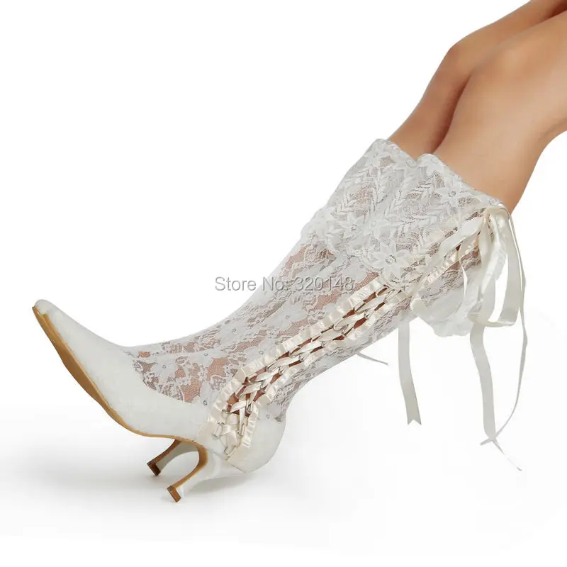 Женские сапоги цвета слоновой кости Свадебная обувь на среднем каблуке женские высокие сапоги до колена на шнуровке Размер 35