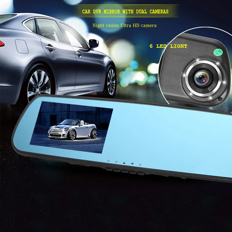 New E-ACE Full HD 1080P Dash Cam Car Dvr Camera Mirror With Dual Lens Video Recorder Auto Dvrs Rearview Cameras 6 Led Light