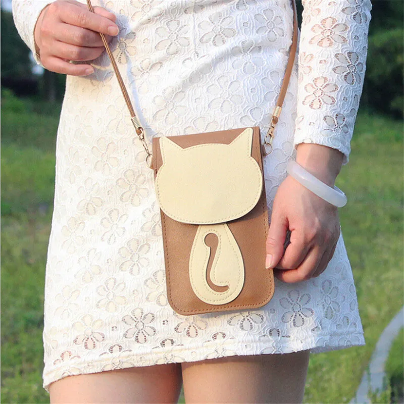 

1pc 2019 Women Slim Messenger Shoulder Bag Cute Cartoon Cat Prints PU Leather Phone Handbag Crossbody Bag Fashion Design Clutch