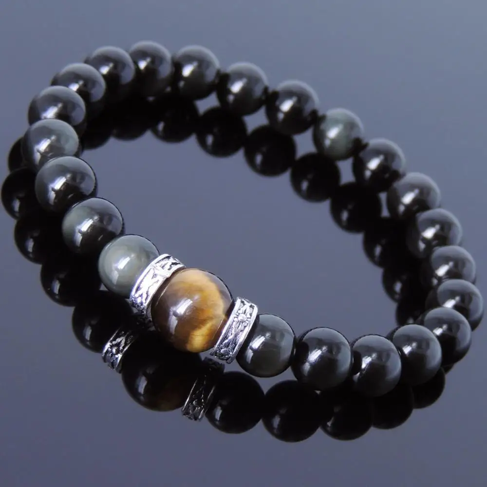 

free shipping Men's Women Black Obsidian Tiger Eye 925 Sterling Silver Bracelet DIY-KAREN 309
