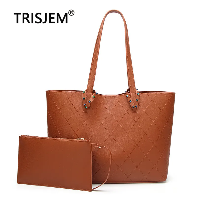 

2019 Big Women Leather Handbags Shoulder Female Ladies Brown Lingge Diamond Sac Leather Tote Big Capacity Handbags with Pures
