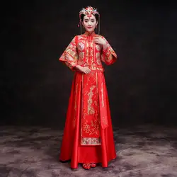 Свадебные cheongsam традиционное китайское платье невесты древних свадебный наряд костюмы женские вышивка феникс красный Qipao
