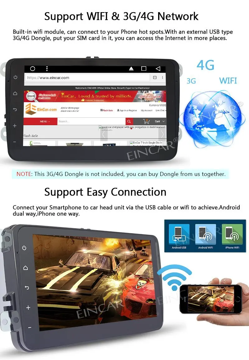 Flash Deal 4G Dongle As gift Eincar 2 Din Android 7.1 Stereo Radio GPS Navigation Car DVD Player special for Volkswagen Support WIFI OBD2 3
